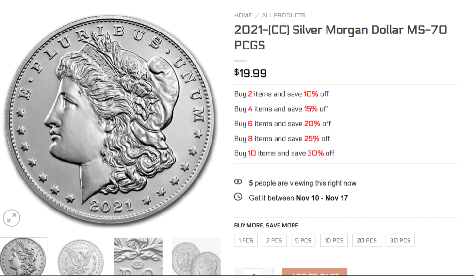 2021 (CC) Silver Morgan Dollar MS-70 PCGS